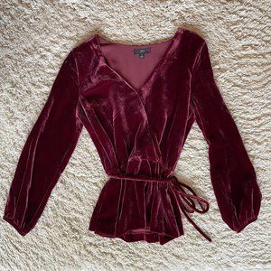 J. Crew Women's Long Sleeve Faux Wrap Velvet Top Burgundy - Size 0